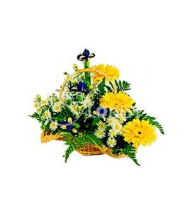 Summer Meadow. A wonderful basket brimming with irises, gerberas, chrysanthemums and perfect greens.